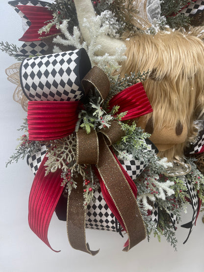 Glamorous Rustic Highland Cow Christmas Winter Wreath