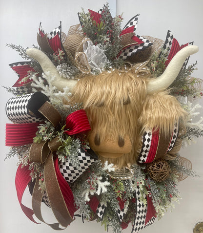 Glamorous Rustic Highland Cow Christmas Winter Wreath