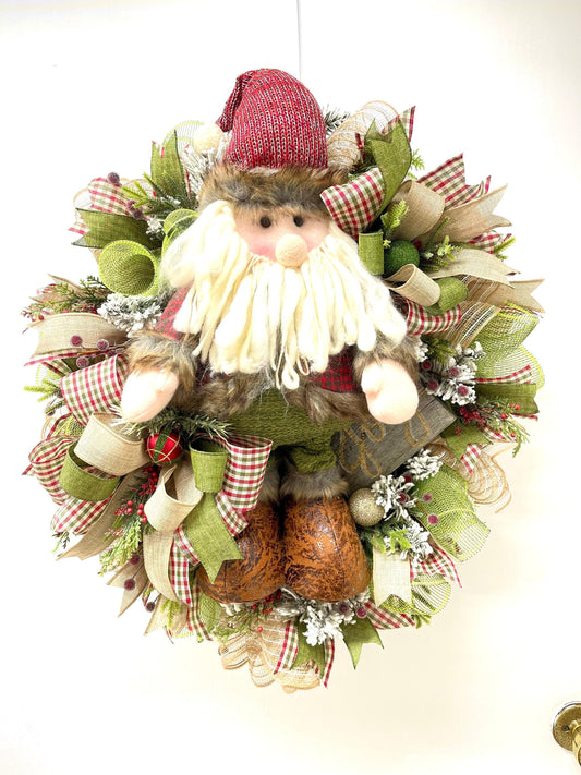 Rustic Lumberjack Santa Gnome Christmas Winter Holiday Wreath For Front Door